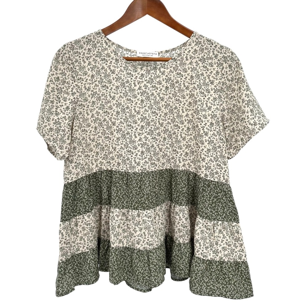 Paper Crane Babydoll Top Beige & Green Floral Tiered Hem Flowy Boho Size Large